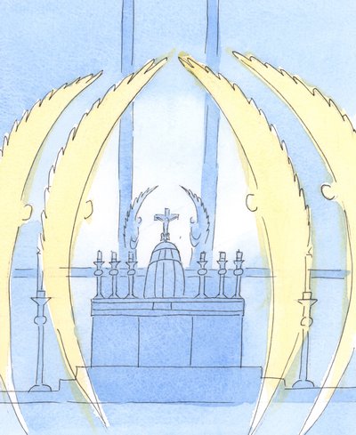 Os anjos &39;guardam&39; o Senhor, que está presente no Tabernáculo do Santíssimo Sacramento, 2004 (c - c no papel) de Elizabeth Wang