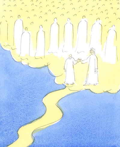 A bem-aventurada alma que perseverou até o fim, no amor a Cristo e ao próximo, é conduzida pela mão de Cristo, ao encontro dos amigos celestiais que estão reunidos para recebê-la em sua companhia, 2004 de Elizabeth Wang