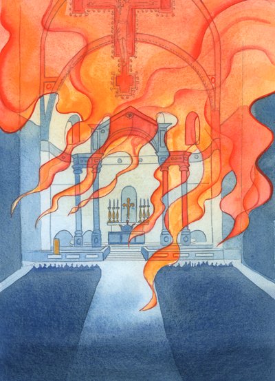 A igreja ou catedral em que os católicos oram está aos cuidados de Deus, 2003 (w - c no papel) de Elizabeth Wang