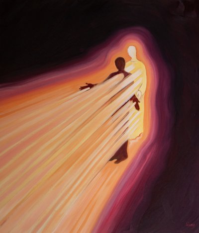 A graça de Cristo se derrama sobre os outros por nosso intermédio, principalmente por meio de nossas feridas, quando nossas vidas são inteiramente dele, 2000 (óleo a bordo) de Elizabeth Wang