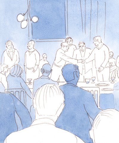 O feliz grupo de amigos na festa deu alegria a Deus por meio de sua graça antes da refeição, sua fidelidade ao casamento e à amizade, seu amor aos dons de Deus de riso, comida, bebida e mu de Elizabeth Wang