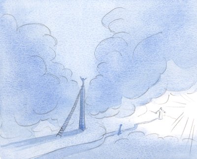 A alma impaciente (Cristo me mostrou) constrói uma torre alta, lutando por luz, em vez de seguir constantemente a estrada estreita e baixa., 2001 (w - c no papel) de Elizabeth Wang