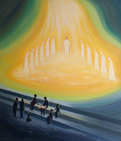 A luz de Cristo se derrama através do ministério do Papa e dos bispos em união com ele, e sem ela não podemos compreender plenamente as Escrituras ou a mensagem cristã, 2001 (óleo a bordo) de Elizabeth Wang