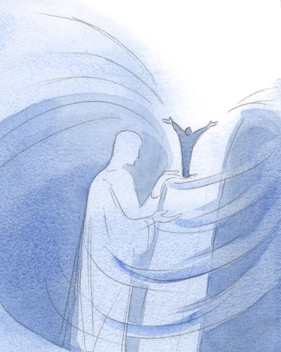 Quanto mais valorizo a amizade de Cristo e creio no Seu Evangelho, mais frequentemente Ele me apóia - pelo Seu poder - em grande altura, diante do Pai., 2001 (w - c no papel) de Elizabeth Wang