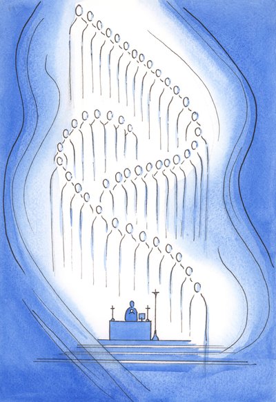 Os santos estão presentes conosco no santuário, 2001 (w - c no papel) de Elizabeth Wang