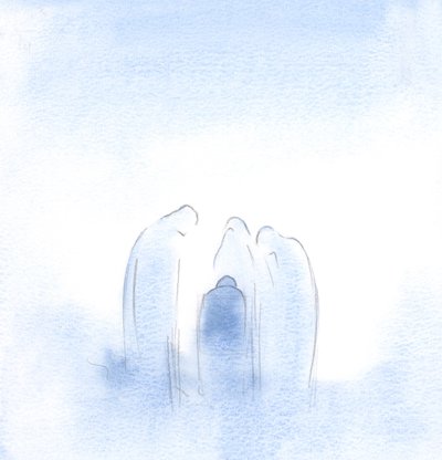Os santos inclinaram-se para a frente, com grande preocupação, como pais consolando uma criança assustada com um pesadelo., 2001 (w - c no papel) de Elizabeth Wang
