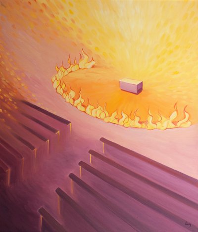 O santuário de uma igreja católica é um lugar sagrado, como se rodeado de fogo, e devemos nos preparar para ser mais dignos ao nos aproximarmos do altar, 2001 (óleo a bordo) de Elizabeth Wang