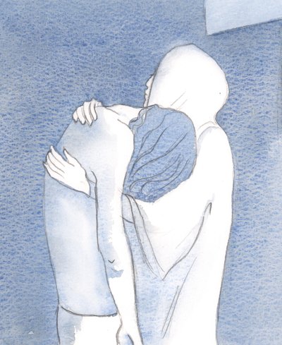 A triste Virgem Maria segura seu Filho Jesus depois de sua morte, com o coração traspassado pela dor, mas cheio de fé, 2000 (w - c no papel) de Elizabeth Wang