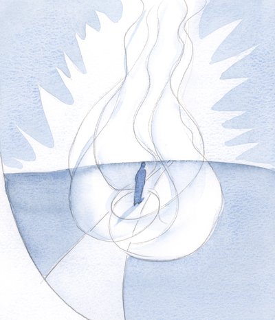 A alma cuja vontade se conforma com a de Deus, é dobrada no amor de Deus: conduzida por Cristo, dirigida pelo Espírito, indo ao Pai; Três pessoas dando uma chama, 2001 (w - c no papel) de Elizabeth Wang