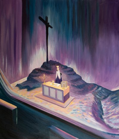 Este é o cálice do Meu Sangue &39;: o Sacrifício do Calvário é reapresentado em cada Missa, 2001 (óleo a bordo) de Elizabeth Wang