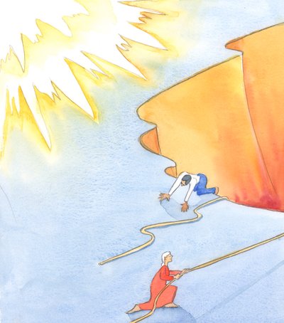 As Almas Santas que foram ajudadas pelas nossas orações, e que estão prontas para o Céu, são como pessoas que foram puxadas para cima de um grande penhasco, para chegarem com alegria e gratidão ao cimo, de onde podem ver a glória do Céu, 2005 (aguarela sob de Elizabeth Wang