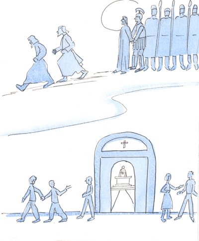 Aqueles amigos de Cristo hoje que não se incomodam em ir à missa agem como aqueles amigos de Cristo, há muito tempo, que fugiram quando Cristo foi preso e crucificado., 2004 (w - c no papel) de Elizabeth Wang
