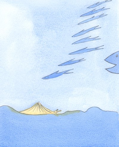 Aqueles na Igreja que são orgulhosos ou ambiciosos são como peixes que voam excitados e viajam para longe, mas estão em perigo por causa de peixes maiores, 2003 (w - c no papel) de Elizabeth Wang