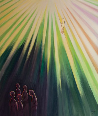 Aqueles que se recusam a se arrepender de pecados graves e morrer, não podem entrar no céu; mas as Almas Santas, que estão abertas à misericórdia de Cristo, entram no céu depois de purificadas., 2001 (óleo a bordo) de Elizabeth Wang