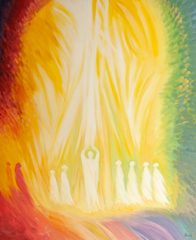 Por meio de Cristo e Seus santos, nossas orações são canalizadas para os Defuntos, 2000 (óleo a bordo) de Elizabeth Wang