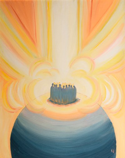 Por meio de Cristo, a luz do Céu nos envolve em cada missa de 2000 (óleo a bordo) de Elizabeth Wang