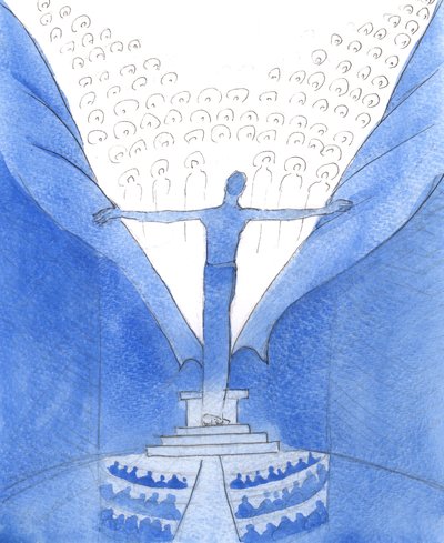 Através dele, com ele: Cristo, presente entre nós, rasga a cortina que nos separa do Céu, 2005 (aguarela sobre papel) de Elizabeth Wang