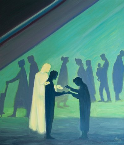 Por meio de nossas menores palavras e ações, Cristo mostra Seu amor a outras pessoas, 2000 (óleo a bordo) de Elizabeth Wang