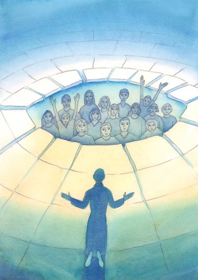 Através da oração, da penitência e da oferta dos nossos sofrimentos em união com Cristo, prestamos uma ajuda poderosa aos que estão presos no pecado, 2005 (aguarela sobre papel) de Elizabeth Wang