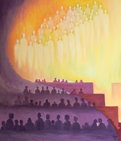 Através do Espírito Santo, estamos unidos na Missa com os santos e anjos em um Sacrifício de Louvor, 2000 (óleo a bordo) de Elizabeth Wang