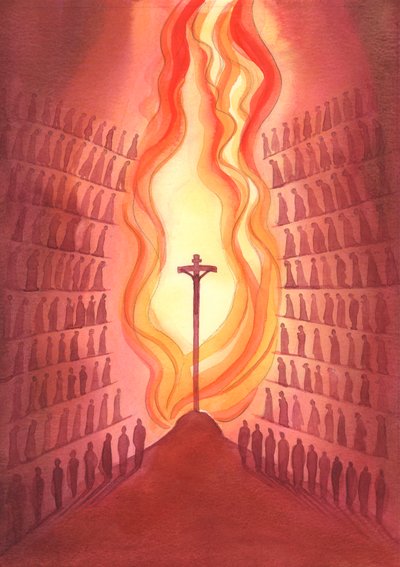 Através da Missa, cada geração do povo de Deus está presente ao único Sacrifício a Cristo, representado no altar., 2001 (w - c no papel) de Elizabeth Wang