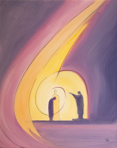 Através da bênção no final da missa somos envolvidos na vida da Santíssima Trindade, 2001 (óleo a bordo) de Elizabeth Wang