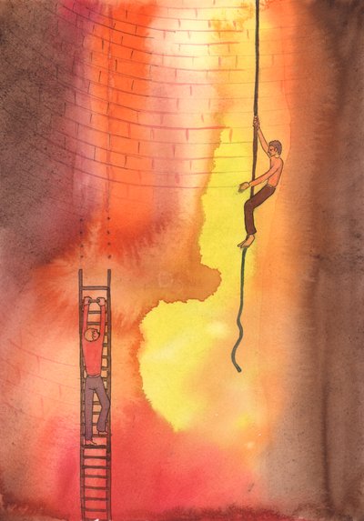 Interceder por alguém preso em um pecado grave é como estender a mão para um homem preso em uma escada quebrada, com apenas o Inferno abaixo., 2004 (w - c no papel) de Elizabeth Wang