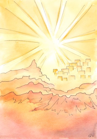 Viver na terra em união feliz com Deus é viver como se estivesse à beira da Cidade Celestial, no topo da montanha, muito acima do caminho escuro abaixo, 2002 (w - c no papel) de Elizabeth Wang