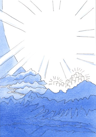 Viver na terra em união feliz com Deus é viver como se estivesse à beira da Cidade Celestial, no topo da montanha, muito acima do caminho escuro abaixo, 2002 (w - c no papel) de Elizabeth Wang