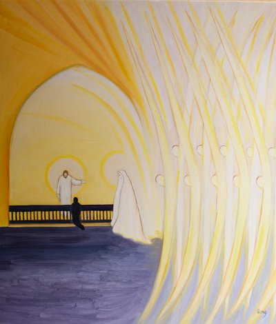 Nunca estamos sozinhos na fé, pois Cristo nos dá os anjos e santos para nos ajudar, 2000 (óleo a bordo) de Elizabeth Wang