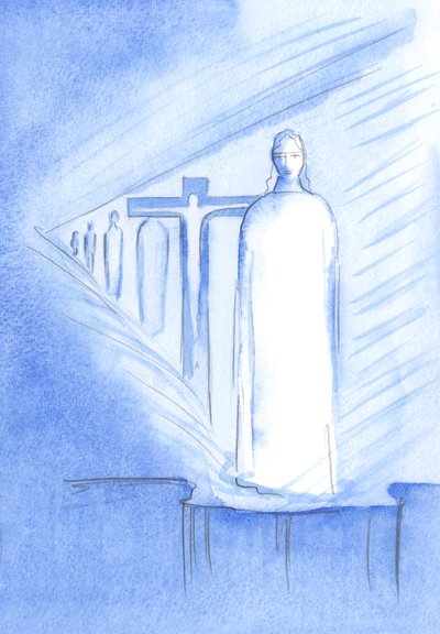 Podemos encontrar Cristo no Santíssimo Sacramento no altar; em Sua Pessoa e Sua Presença, podemos tocar todas as fases da vida de Cristo, 2001 (w - c no papel) de Elizabeth Wang
