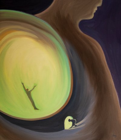 Só podemos encontrar intimidade com Deus na oração se nos aproximarmos dele pela Porta de humildade e descobrir o vasto universo dentro da alma, 2000 (óleo a bordo) de Elizabeth Wang