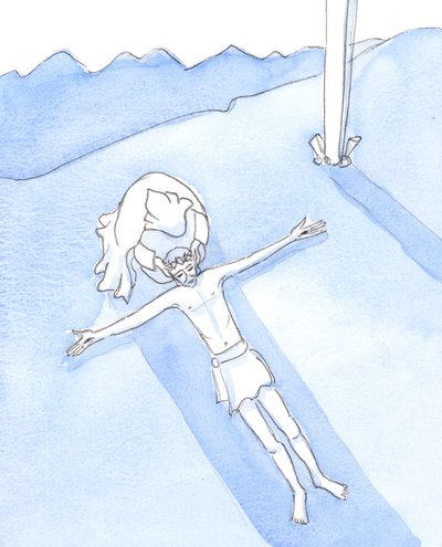 Podemos ver Nossa Senhora ajoelhada ao pé da cruz, a cabeça do filho no colo, o corpo estendido diante dela, enquanto ela o embala, 2003 (c - c no papel) de Elizabeth Wang