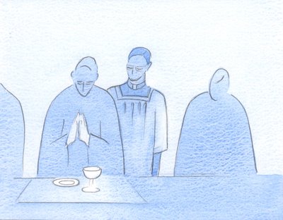 Podemos tentar agir em relação a Cristo como este sacerdote agiu em relação ao seu bispo: alerta e sempre disposto a estar ao serviço, 2002 (c - c no papel) de Elizabeth Wang