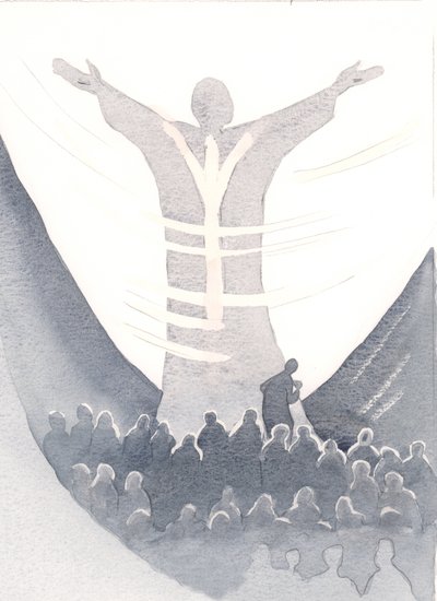 Podemos unir todas as nossas intenções com a poderosa oração de Cristo na missa, escondido atrás de seu manto, confiando em seus méritos, 2000 (w - c no papel) de Elizabeth Wang