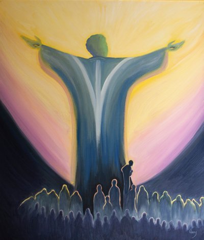 Podemos unir todas as nossas intenções com a poderosa oração de Cristo na missa, escondido atrás de seu manto, confiando em seus méritos, 2000 (óleo a bordo) de Elizabeth Wang