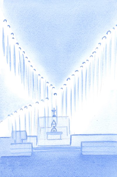 Fazemos bem em saudar os Santos Anjos que, em guarda, orando, enchem o Santo Lugar que é o nosso santuário, 2002 (w - c no papel) de Elizabeth Wang
