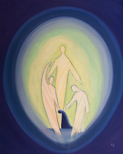 Amamos e adoramos as Três Pessoas Divinas dentro de nossas almas, quando vivemos em estado de graça, 2000 (óleo a bordo) de Elizabeth Wang