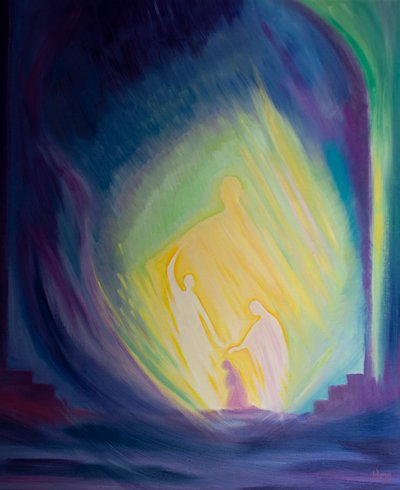 Amamos e adoramos as Três Pessoas Divinas dentro de nossas almas, quando vivemos em estado de graça, 2000 (óleo a bordo) de Elizabeth Wang
