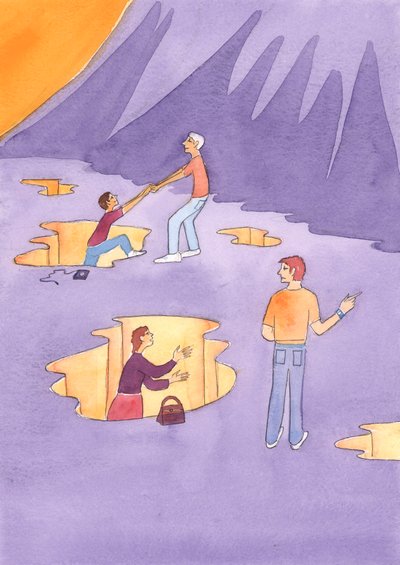 Precisamos dar ajuda prática aos necessitados, bem como orar, quando as pessoas estão com problemas. Não basta, normalmente, apenas dizer: "Vou rezar por você"., 2004 (w - c no papel) de Elizabeth Wang