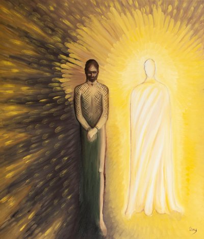 Devemos ter em mente duas imagens de Cristo: de Cristo ferido e Cristo triunfante, 2001 (óleo a bordo) de Elizabeth Wang