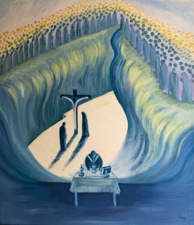 Devemos olhar com temor e reverência enquanto estamos unidos ao Sacrifício do Calvário na Missa de 2001 (óleo a bordo) de Elizabeth Wang