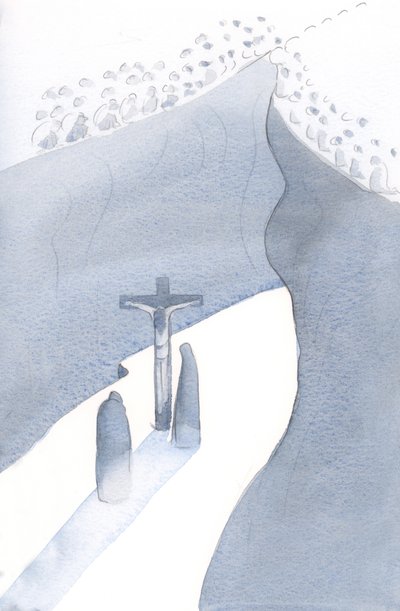 Que abismo está diante de nós na missa, pois nos tornamos parte do Único Sacrifício pelo pecado, unidos ao passado quando Cristo na Cruz nos salvou., 2001 (w - c no papel) de Elizabeth Wang