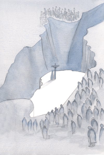 Que abismo está diante de nós na missa, pois nos tornamos parte do Único Sacrifício pelo pecado, unidos ao passado quando Cristo na Cruz nos salvou., 2001 (w - c no papel) de Elizabeth Wang