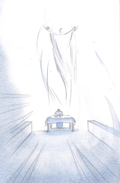 Que festa é o sacrifício de Cristo de si mesmo no altar; Seus anjos estão alegres na glória de seu Senhor Ressuscitado., 2001 (w - c no papel) de Elizabeth Wang
