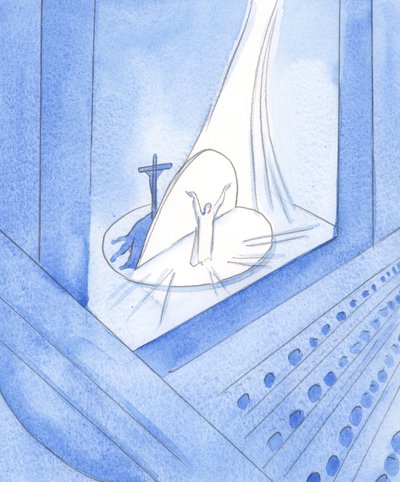 Quando Cristo está realmente presente diante de nós, no Santo Sacrifício, estamos presentes a toda a Sua vida, que está "Nele agora", 2002 (c - c no papel) de Elizabeth Wang
