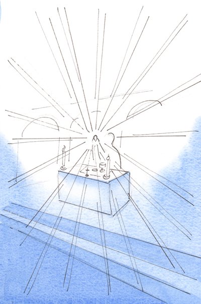 Quando saudei a Cristo com amor, vi uma luz deslumbrante brilhar em volta, da Hóstia Sagrada: a Luz de Cristo, 2003 (w - c no papel) de Elizabeth Wang