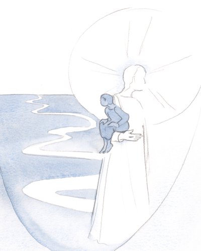 Quando confio em Cristo, em oração silenciosa, sou como uma criança pequena que é carregada em Sua vitalidade e alegria., 2000 (w - c no papel) de Elizabeth Wang