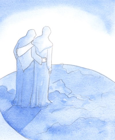 Quando Nossa Senhora saudou Isabel na Visitação, eles louvaram a Deus por Seu amor. Nossa Senhora teve em mente o mundo inteiro que Seu Filho desejava ajudar, 2002 (w - c no papel) de Elizabeth Wang