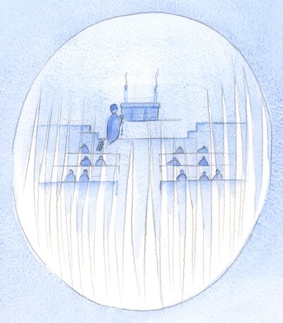 Quando os fiéis rezam o Santo Rosário, os Santos Anjos os rodeiam e vigiam, em silêncio reverente, 2002 (w - c no papel) de Elizabeth Wang